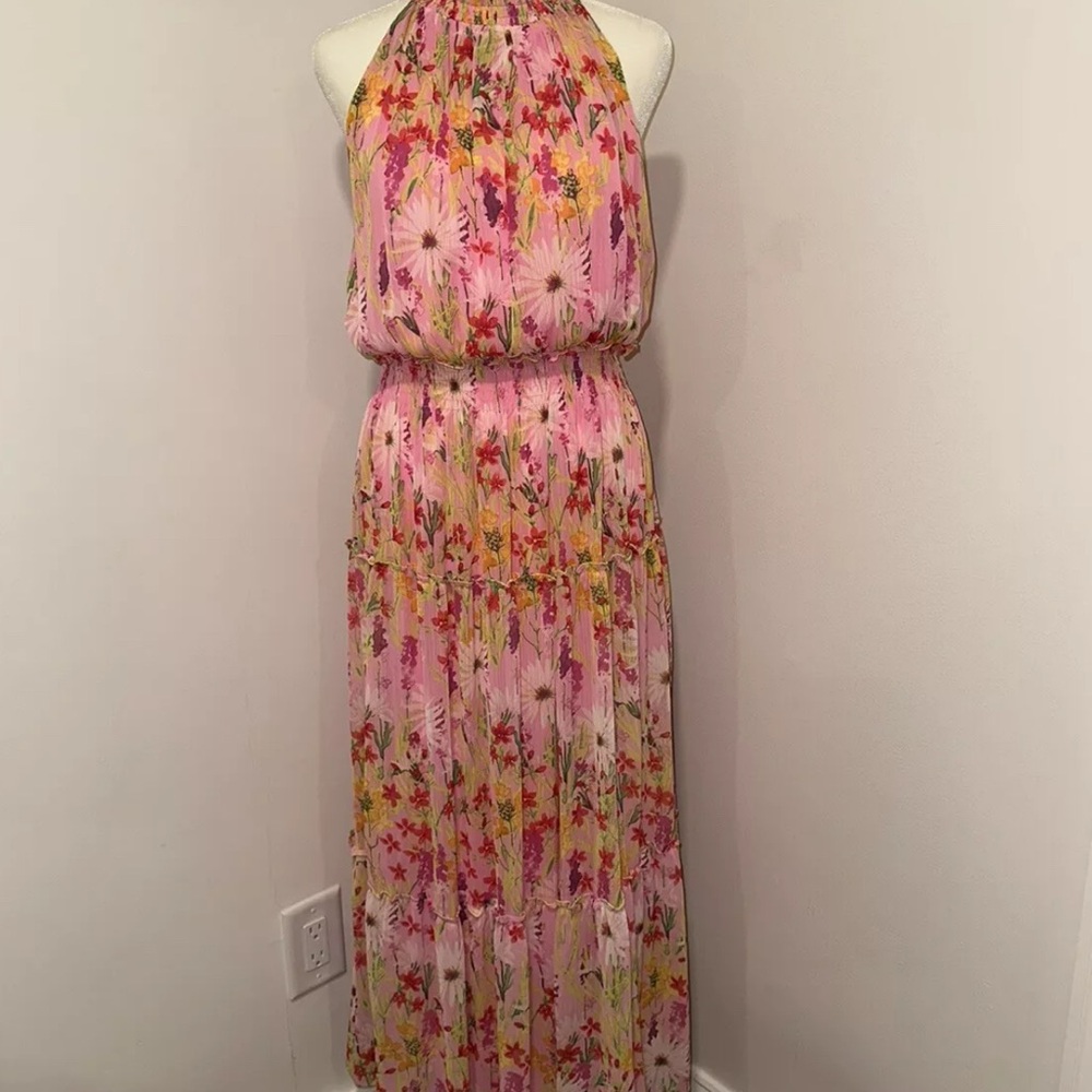 High Neck Floral Chiffon Maxi Dress
